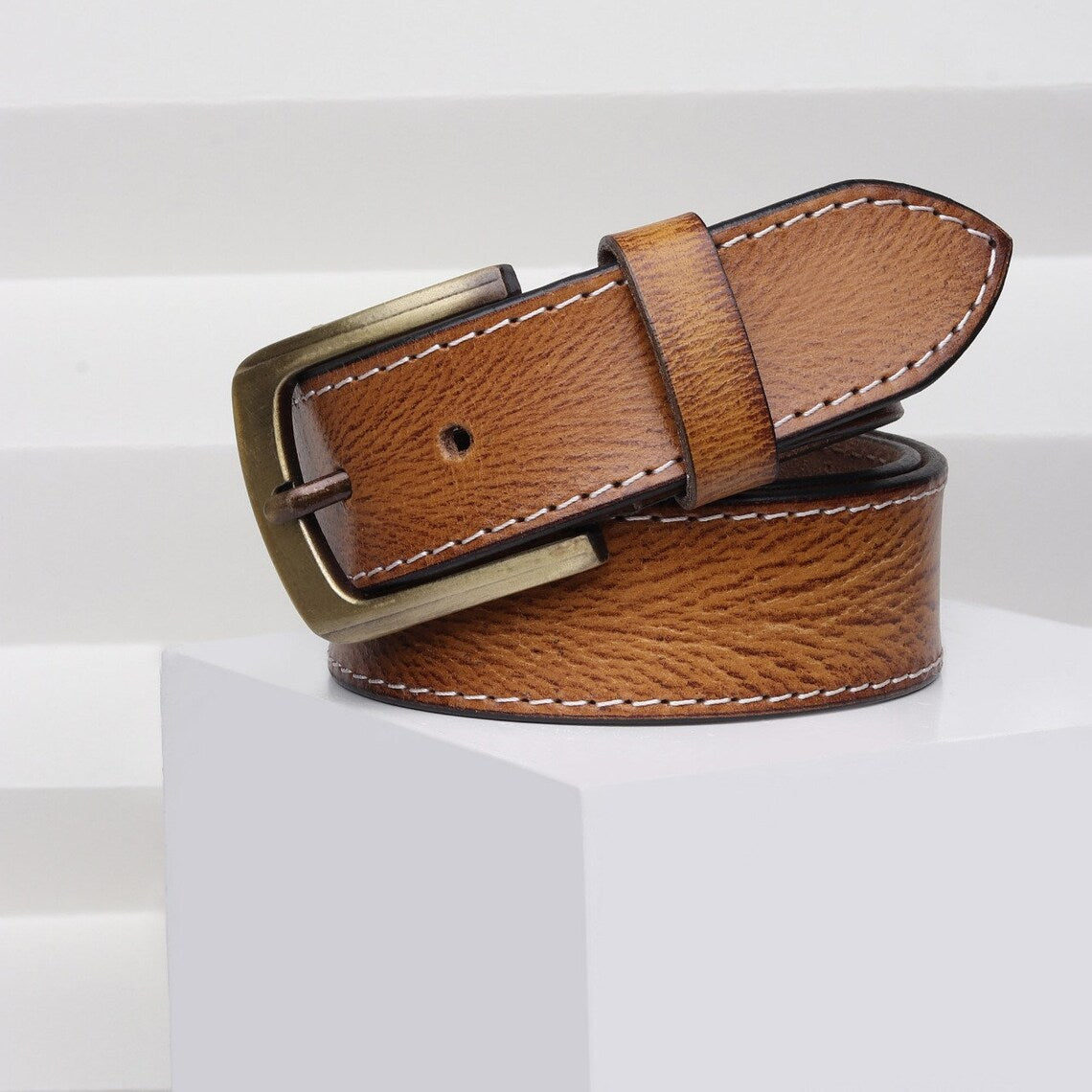 Antique Brass & Full Grain Leather Belt: The Artisan Tan